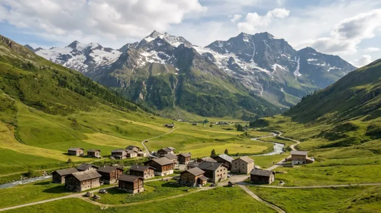 Snow capped alpine peaks above a green valley with a village and meadows below