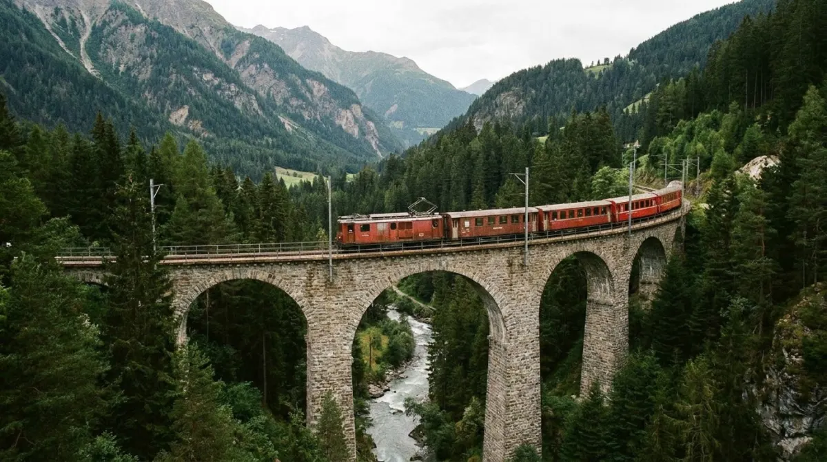 A red mountain railway train crossing a stone viaduct in an alpine valley