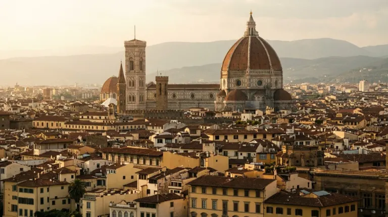 A large red tiled cathedral dome rising above terracotta rooftops, Florence, Italy