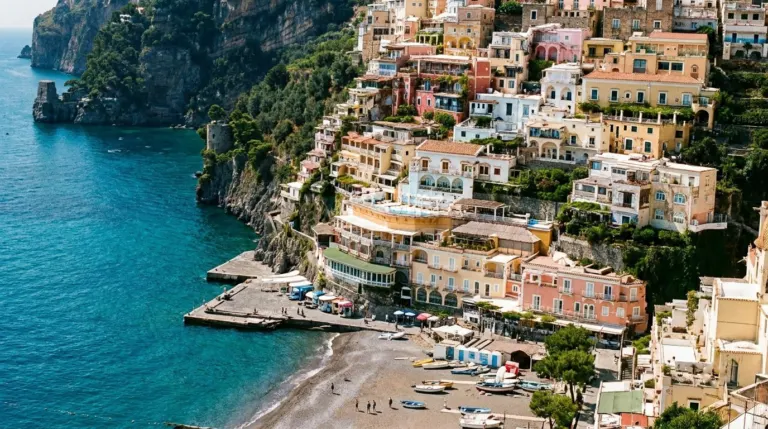 Pastel houses stacked in tiers down a steep cliff to a small beach and blue sea, Positano, Italy