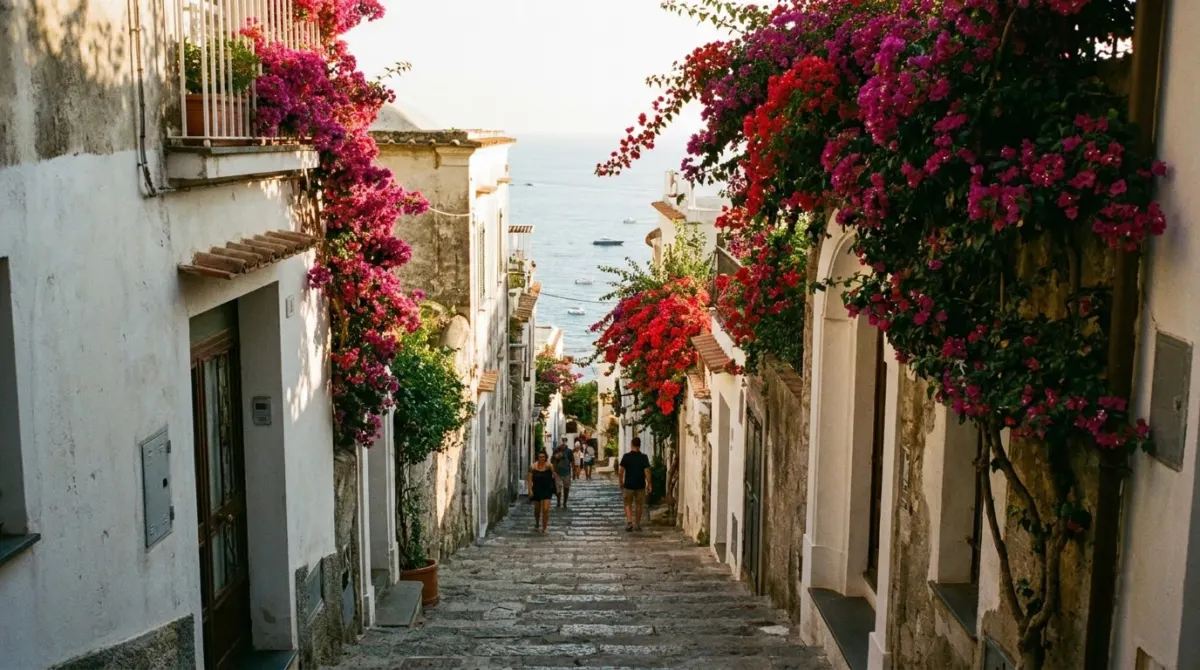 A narrow stepped street between whitewashed buildings leading down towards the sea, Positano, Italy