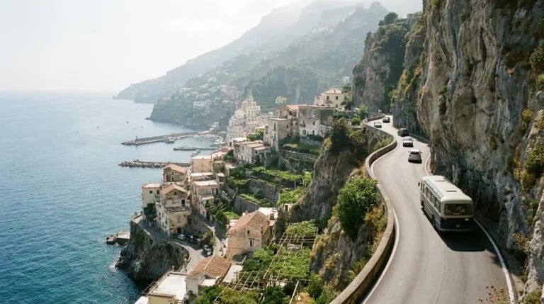 A narrow road cut into a cliff above the sea with a village clinging to the slope, Amalfi Coast, Italy