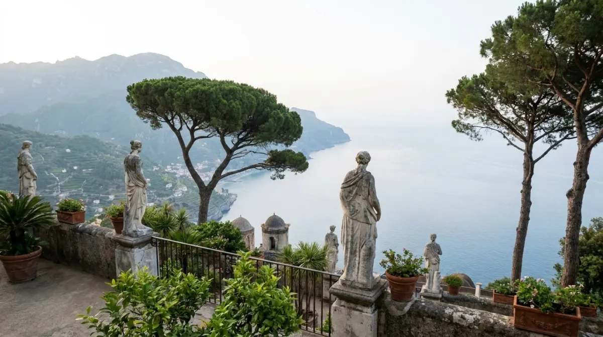 A terrace garden with statues looking down a steep coast to a blue sea, Ravello, Italy
