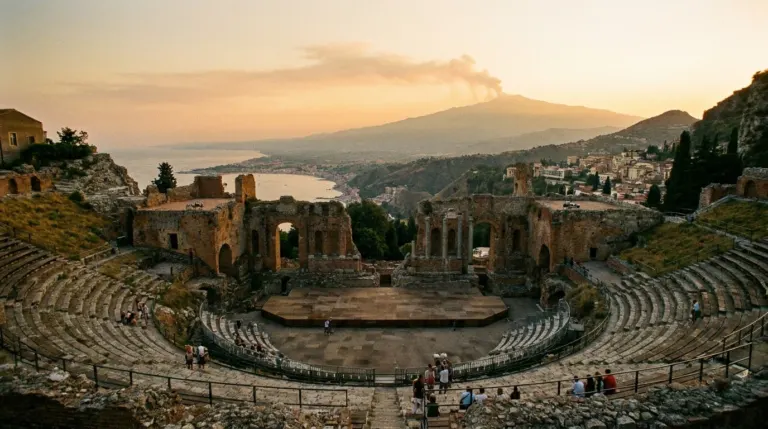 An ancient stone theatre on a hillside with a smoking volcano framed behind it, Taormina, Sicily