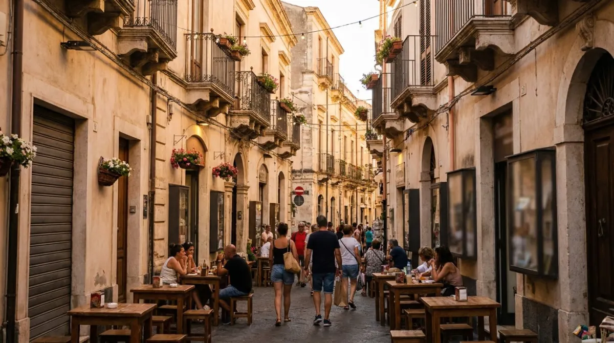 A narrow pedestrian street of stone buildings with shops and cafes, Corso Umberto, Taormina, Sicily