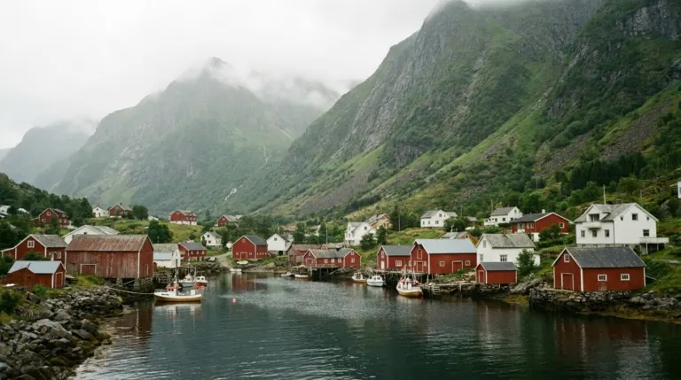 A small village on the shore of a deep fjord with steep green mountains rising on both sides, Norway