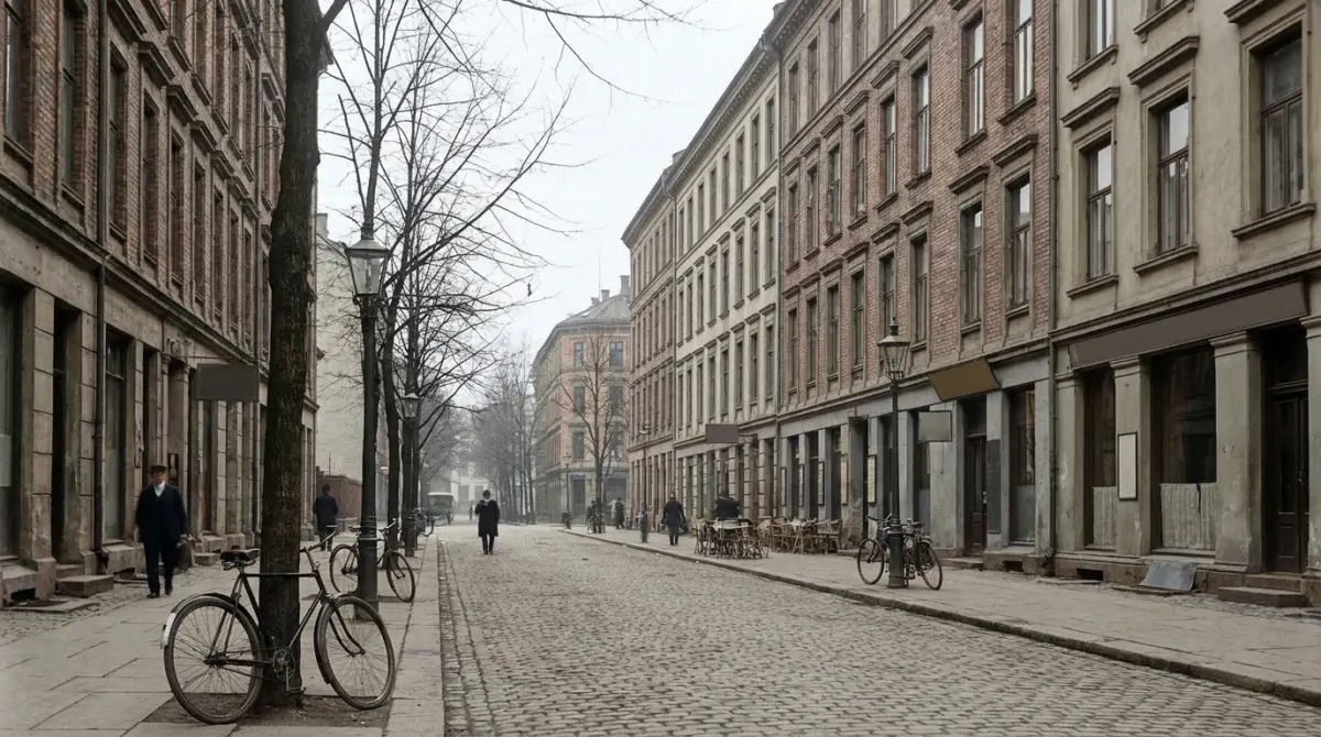 A street of nineteenth century apartment buildings with cafes and bicycles, Grunerlokka, Oslo