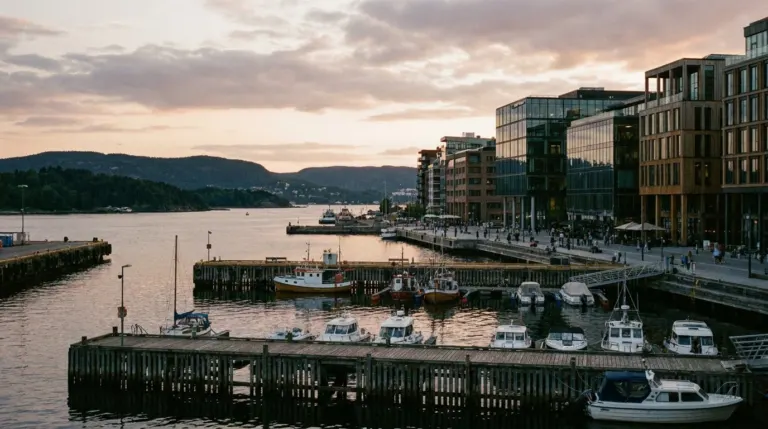A city harbour with wooden piers, boats and modern buildings at the head of a fjord, Oslo, Norway