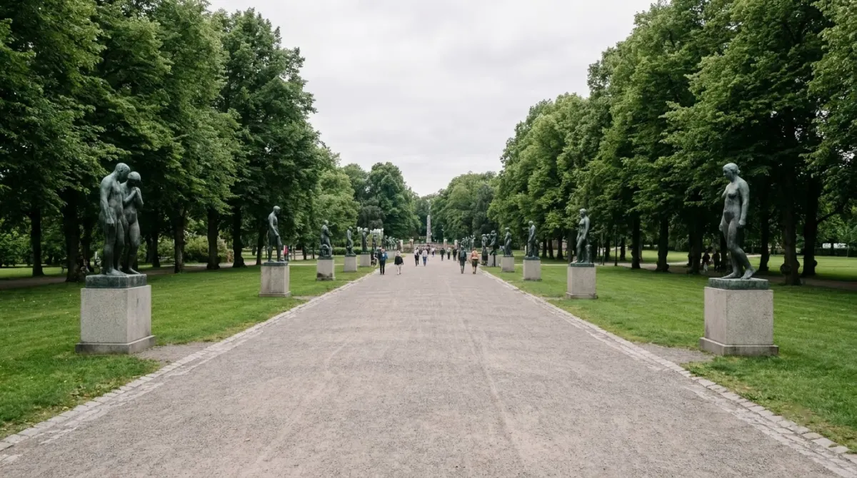 A park avenue lined with stone and bronze sculptures of human figures, Vigeland Park, Oslo