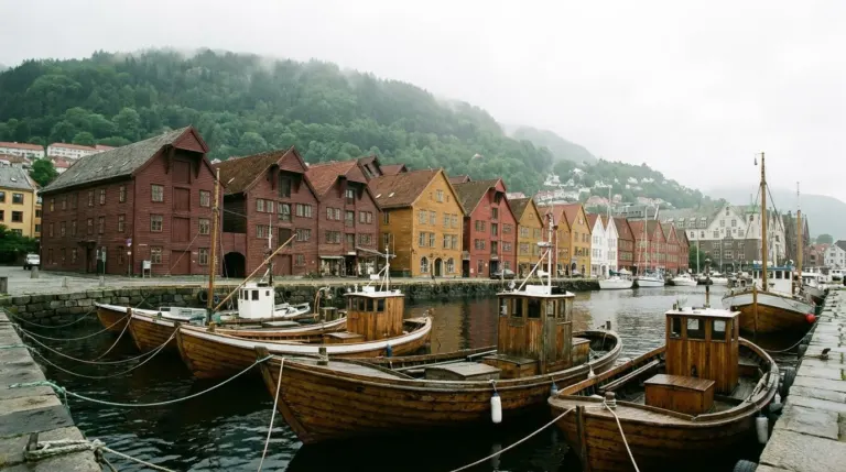 Small boats moored in a harbour in front of wooden buildings and a steep green hill, Bergen, Norway