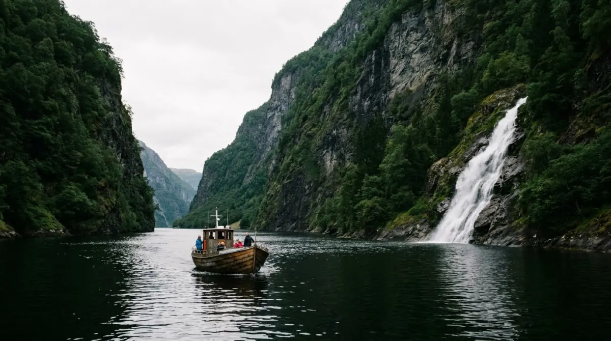 A passenger boat on a narrow fjord between steep forested cliffs with a waterfall, western Norway