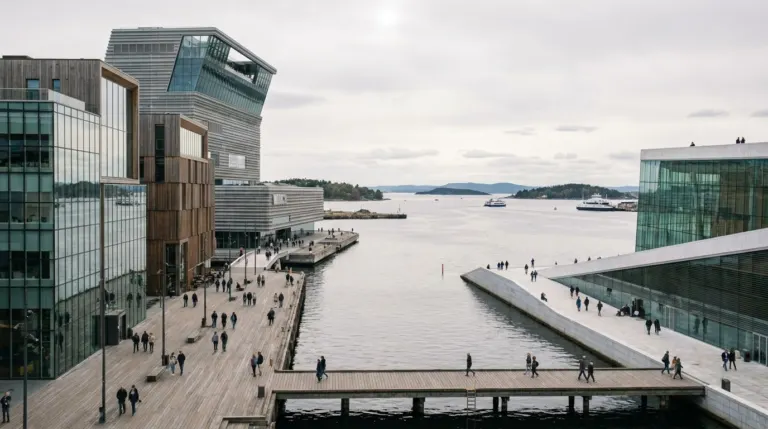 A modern waterfront with museum buildings, promenades and the fjord behind, Oslo, Norway