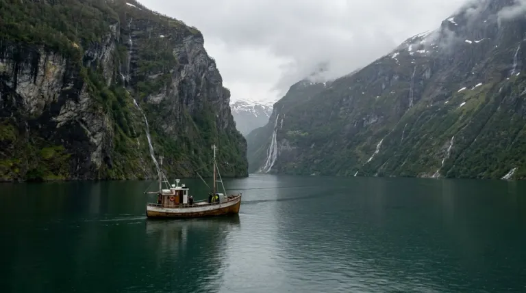 A boat on a narrow fjord between sheer cliffs with waterfalls falling into the water, Norway