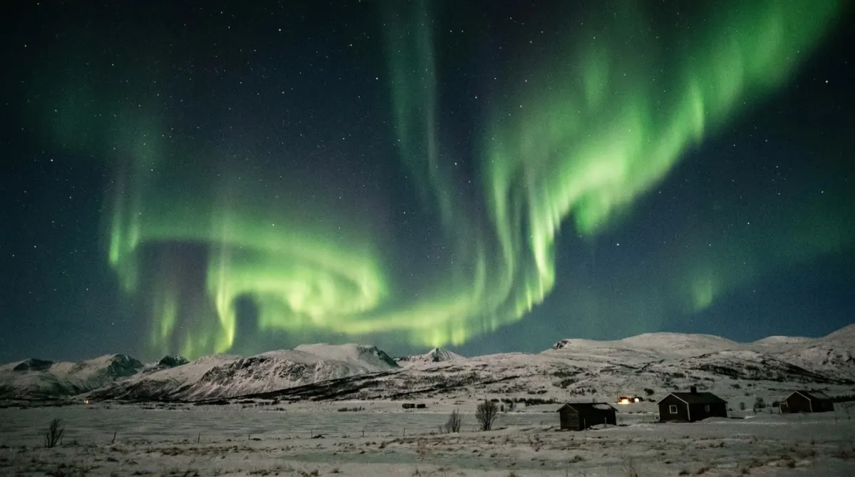 Green aurora over a snowy Arctic landscape with mountains and a dark sky