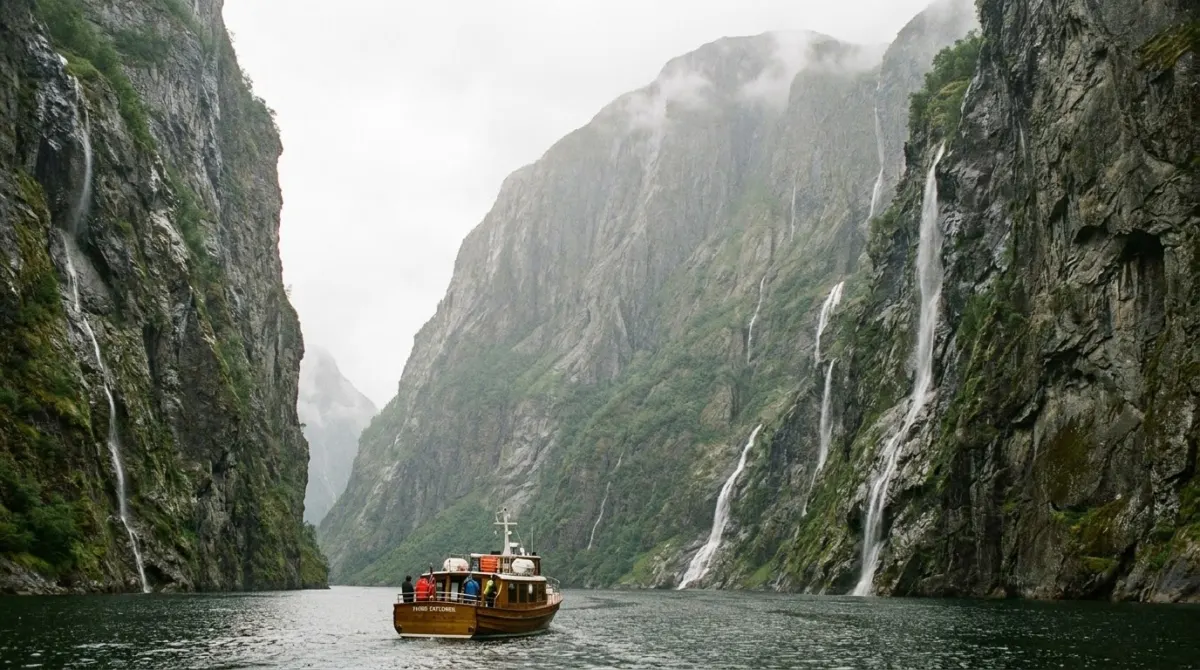 A narrow fjord between sheer cliffs with a small boat and waterfalls, Naeroyfjord, Norway