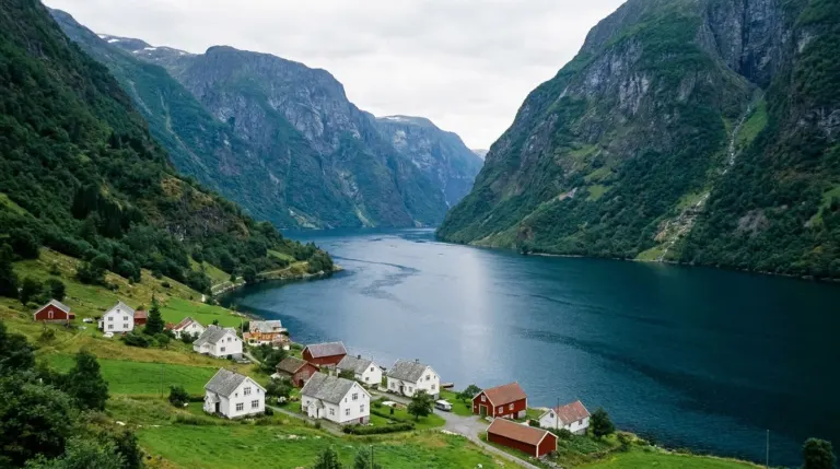 A deep blue fjord between steep green mountains with a small village on the shore, western Norway