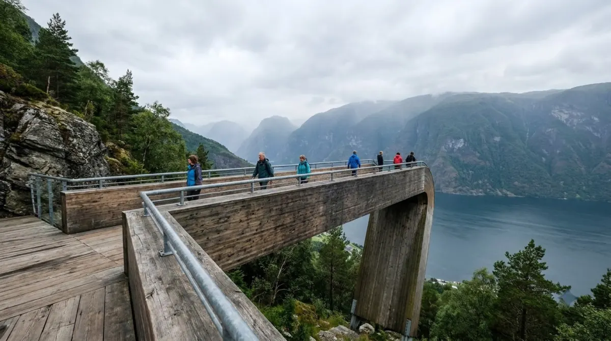 A wooden viewing platform projecting out over a fjord far below with mountains beyond, Stegastein, Norway