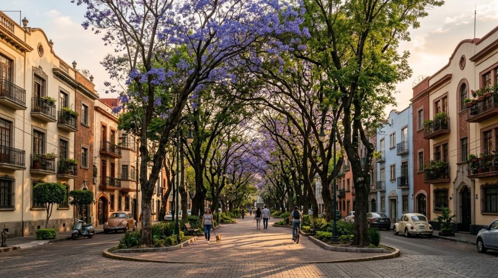 Tree-lined Avenida Amsterdam in Condesa, Mexico City, at golden hour with distant walkers
