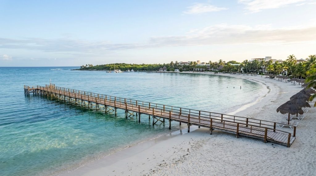 Calm turquoise water and wooden pier at Playa Langosta in Cancun's Hotel Zone