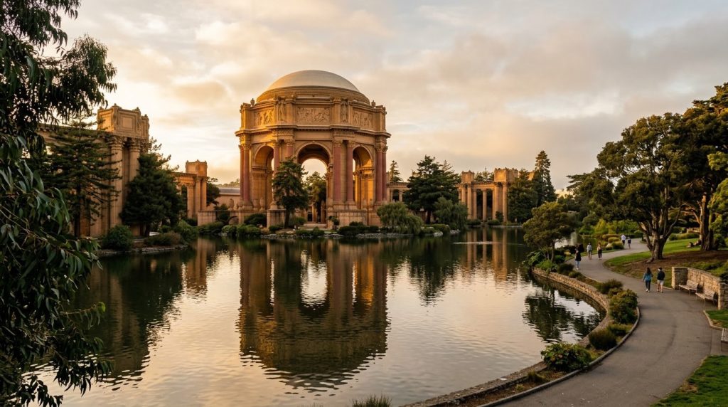 Palace of Fine Arts rotunda reflected in its lagoon in San Francisco at sunset