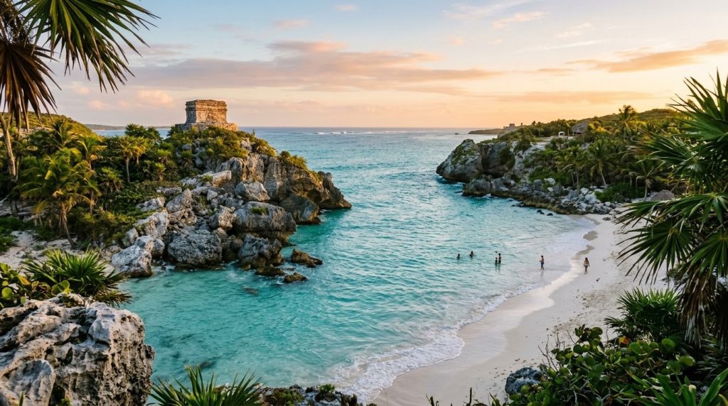 Tulum's Temple of the Wind God above a turquoise Caribbean cove at sunrise
