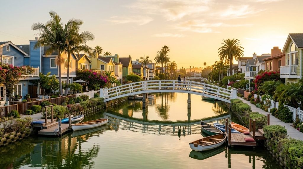 White footbridge over the Venice Canals in Los Angeles at golden hour