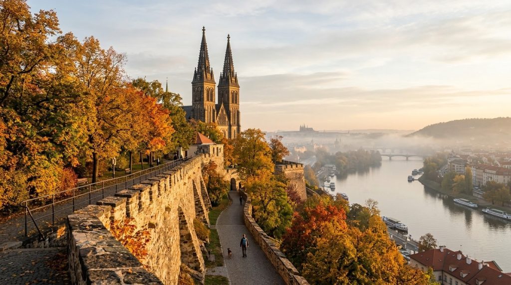 Vysehrad fortress walls and twin-spired basilica above the Vltava River in Prague at sunrise