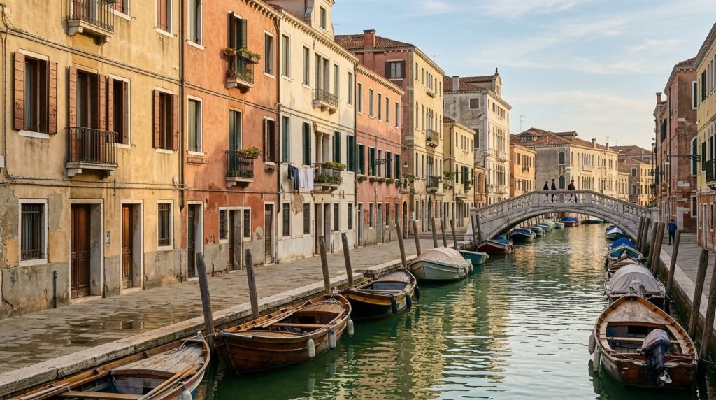 Quiet morning canal along Fondamenta della Misericordia in Cannaregio, Venice, with moored boats