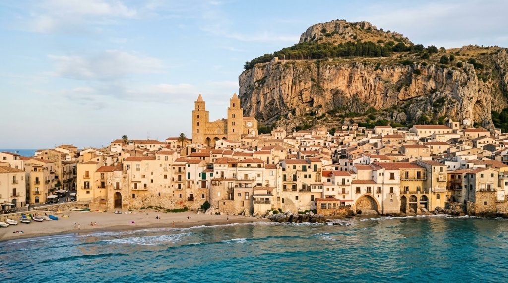 Cefalù cathedral towers and old town rooftops above the sea in Sicily
