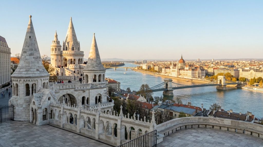 Fisherman's Bastion turrets in Budapest's Castle District overlooking the Danube at golden hour