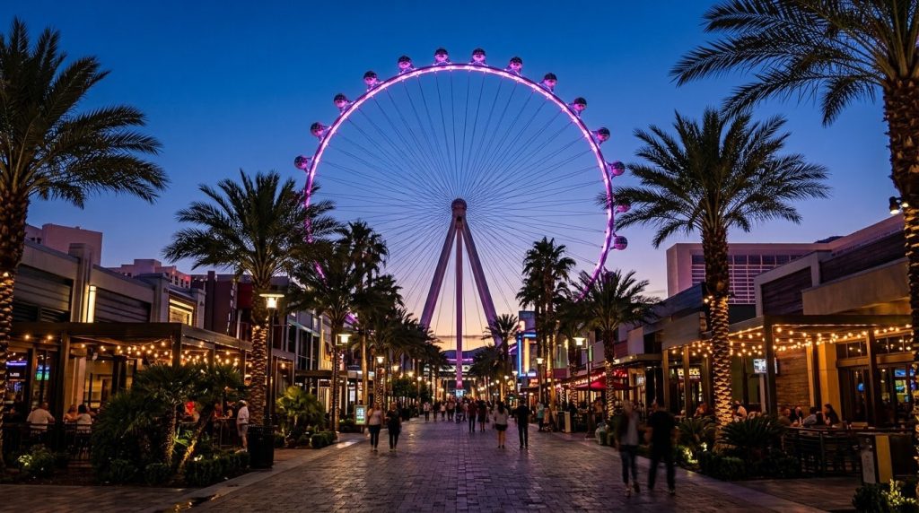 High Roller observation wheel glowing at dusk over the LINQ Promenade in Las Vegas