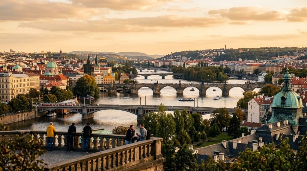 Prague bridges over the Vltava River seen from Letná Park at golden hour