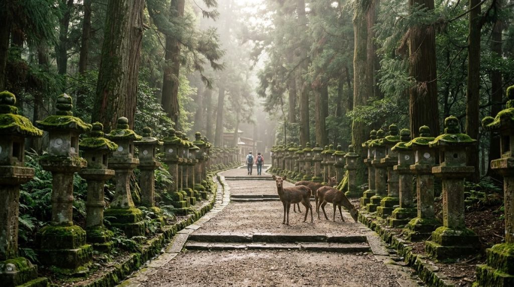 Moss-covered stone lanterns and deer on the forest path to Kasuga Taisha, Nara