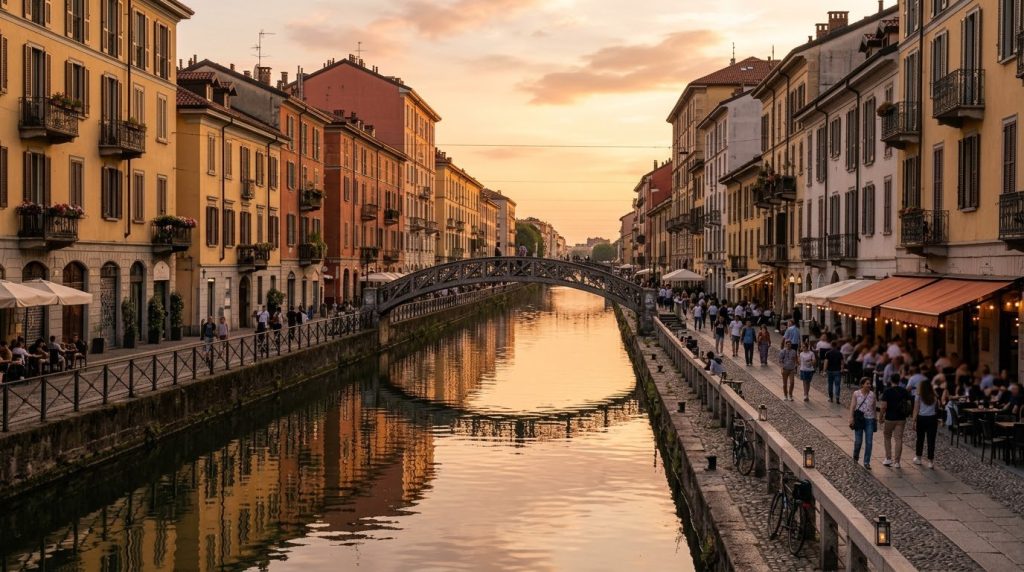 Naviglio Grande canal in Milan at golden hour with footbridge and colorful townhouses