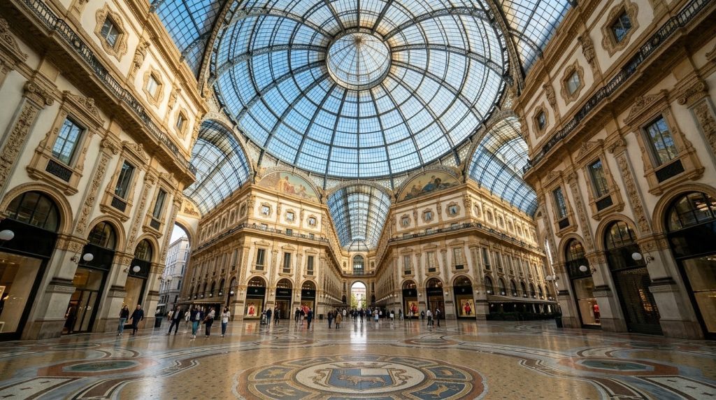 Inside the Galleria Vittorio Emanuele II glass dome in Milan on a quiet morning