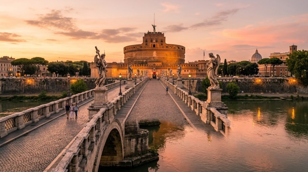 Ponte Sant'Angelo angel statues and Castel Sant'Angelo over the Tiber in Rome at sunset
