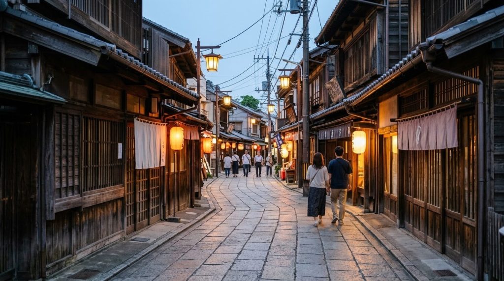 Lantern-lit traditional shopping lane leading to Shibamata Taishakuten temple in Tokyo at dusk