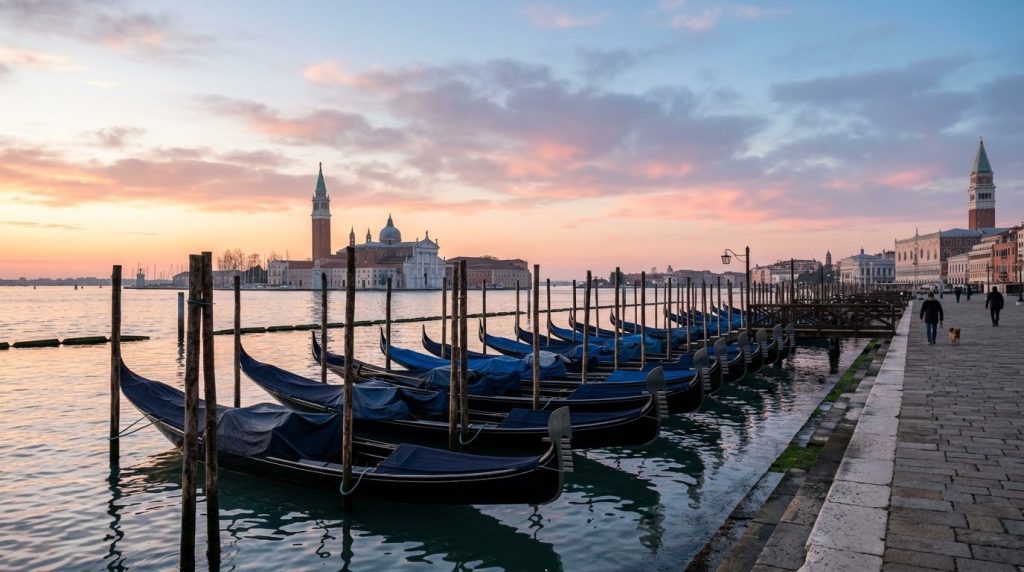 Moored gondolas facing San Giorgio Maggiore across the Venice lagoon at sunrise