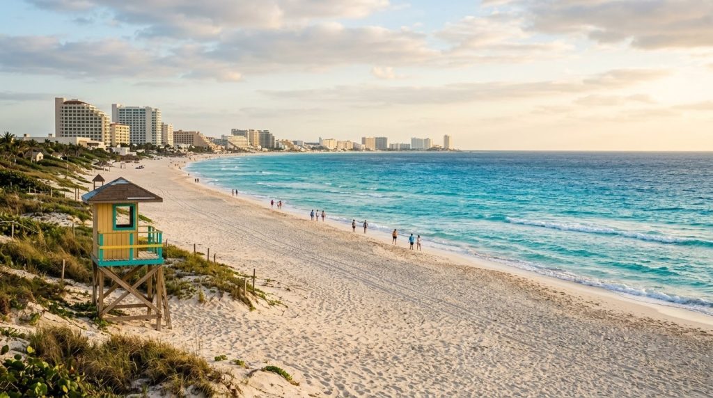 Playa Delfines beach in Cancun Hotel Zone with turquoise Caribbean water and distant resorts
