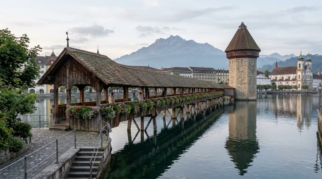 Kapellbrücke covered bridge and Wasserturm tower over the Reuss river in Lucerne, Switzerland