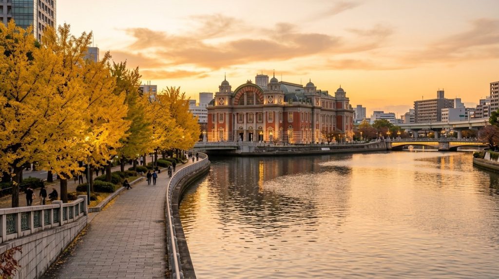 Osaka Central Public Hall on Nakanoshima island beside the river at golden hour