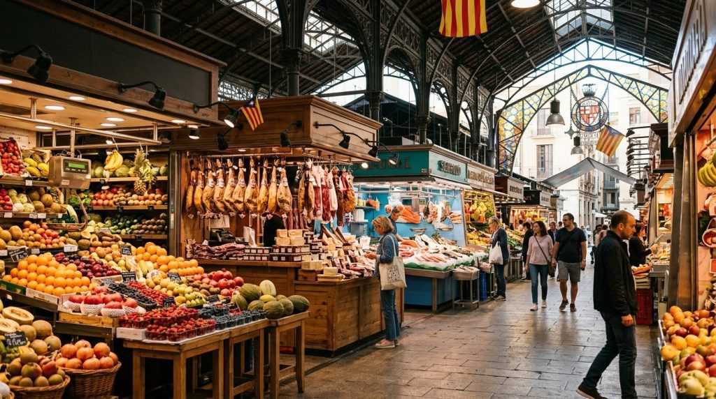 Fruit and jamon stalls inside the Boqueria market in Barcelona in morning light