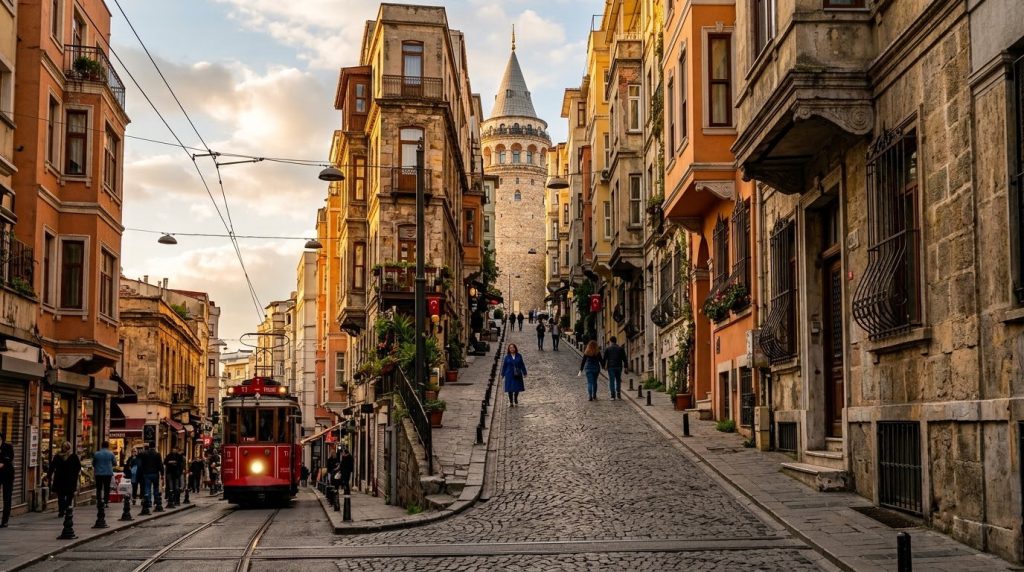 Galata Tower above a cobbled Karakoy street in Istanbul in warm afternoon light