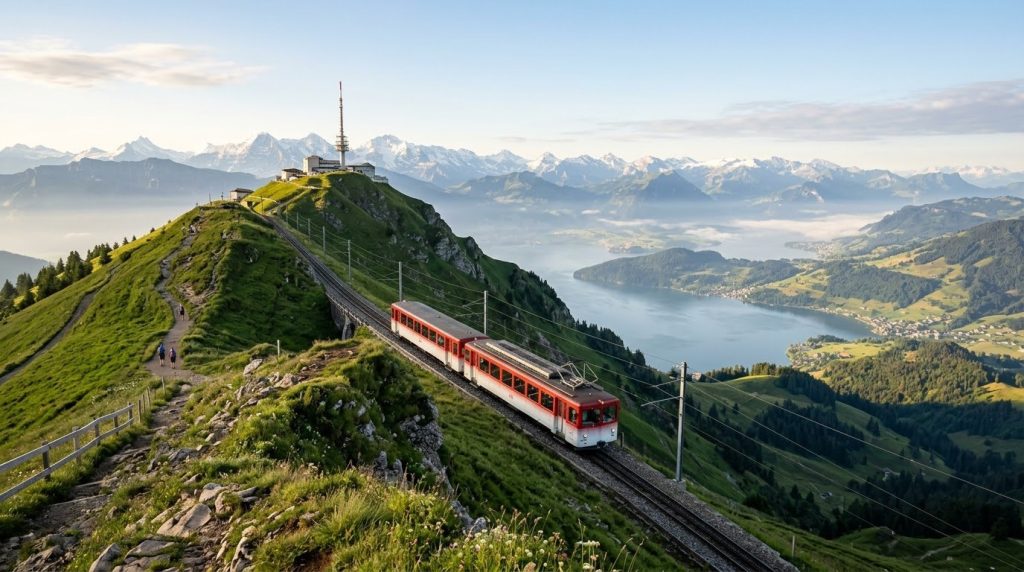 Rigi cogwheel train climbing above Lake Lucerne on a day trip from Lucerne