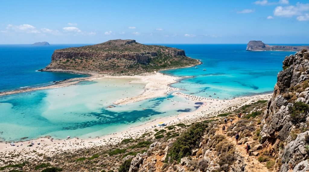 Turquoise Balos Lagoon and sand spit seen from the cliff path on Crete's Gramvousa peninsula
