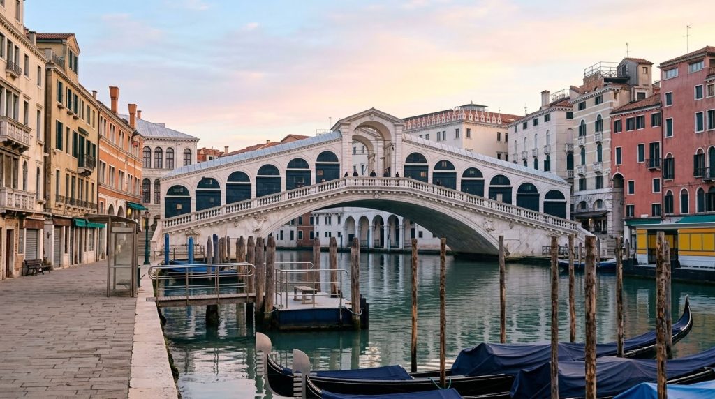 Rialto Bridge over the Grand Canal in Venice in soft early-morning light