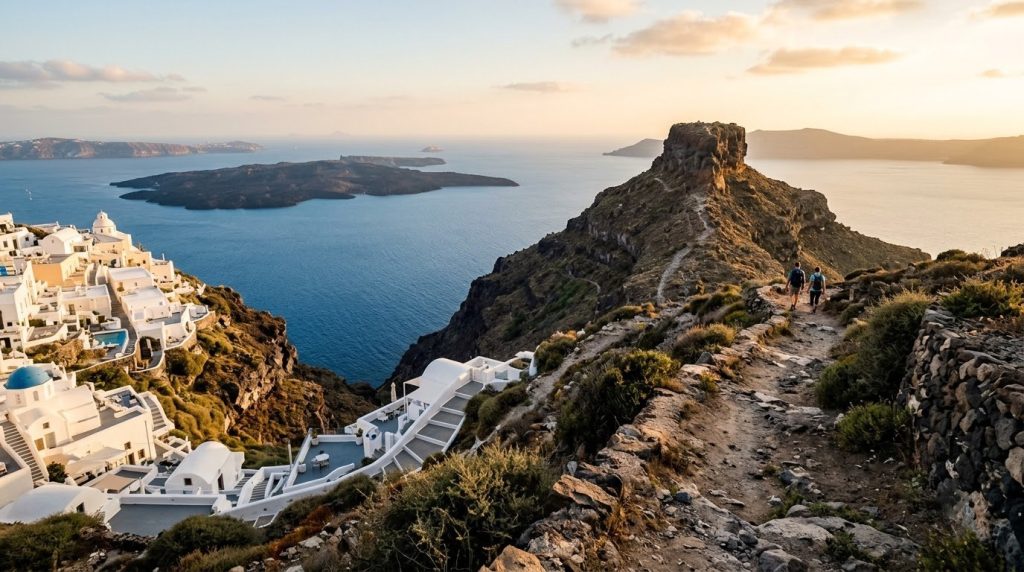 Hikers on the caldera trail near Skaros Rock in Imerovigli, Santorini, at sunrise