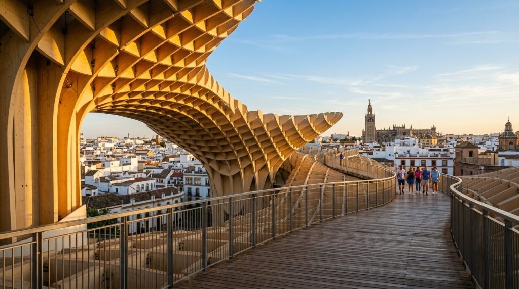 Metropol Parasol rooftop walkway in Seville at golden hour with the Giralda tower in distance