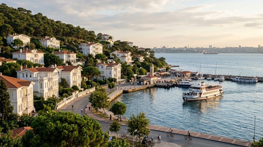 Wooden mansions and ferry harbor on Büyükada, Princes' Islands, a day trip from Istanbul