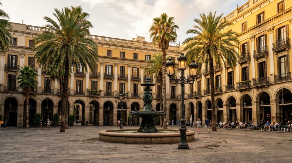 Placa Reial in Barcelona's Gothic Quarter with palm trees, fountain and arcaded facades at golden hour